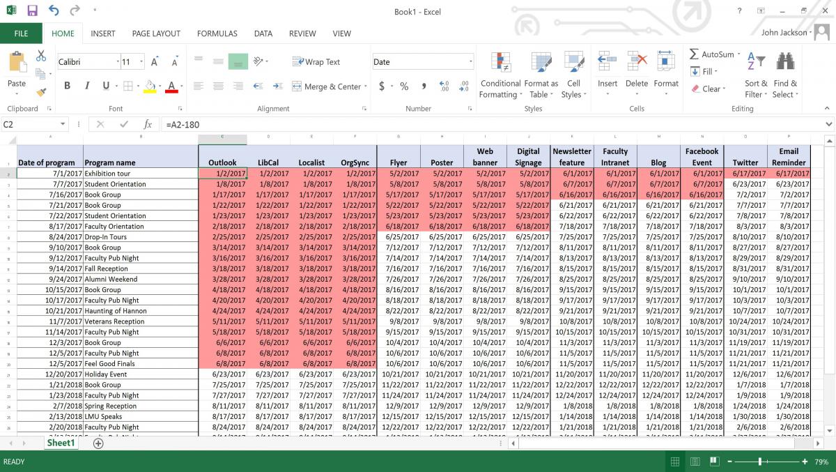 Identifying dates that have already passed. Screenshot of Microsoft Excel