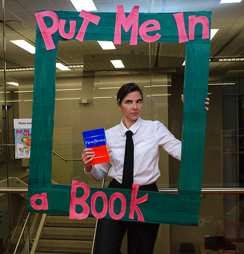 Pro tip: If you have a hard time interacting as yourself, get dressed up as someone else. Photo credit: Brendan Helmuth. Author Jenn Carson dressed as J.D. Salinger