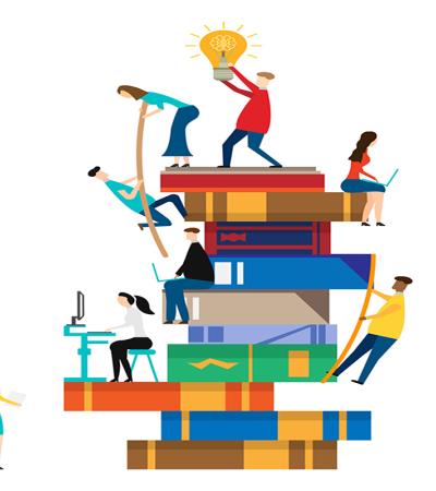 Illustration of people helping each other up a stack of large books.