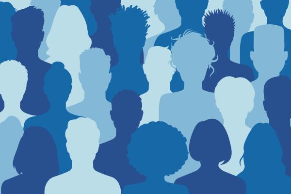 Silhouettes of a group of people in varying shades of blue 