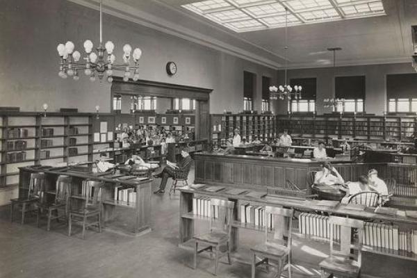 An interior view of the Kingsessing Library, circa 1919.
