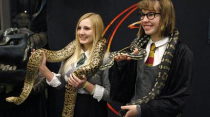 Two teens hold snakes at a Harry Potter Yule Ball Two teens hold snakes at a Harry Potter Yule Ball