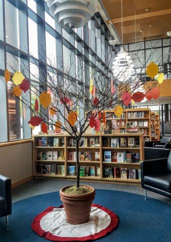 Picture of tree in library with paper leaves hanging