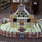 A castle made from various canned foods. 