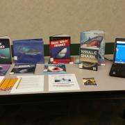 Materials on display at the "shark" themed station Display of books about sharks and a laptop