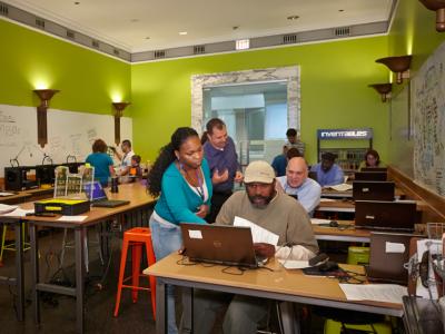 People working in the Chicago Public Library Maker Lab (Chicago Public Library photo)