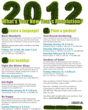 Flier announcing Multnomah County (Ore.) Library’s “new” New Year’s resolutions program.