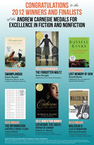 Poster for the 2012 Andrew Carnegie Medals for Excellence in Fiction and Nonfiction.