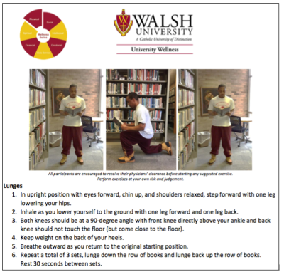 A poster encouraging students to do lunges in the library, part of Walsh University's wellness programming