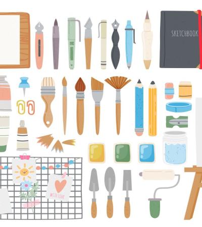 Illustration of various art supplies.
