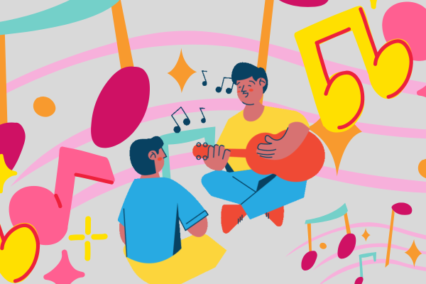 Illustration shows two people playing guitars. There are music notes around them.