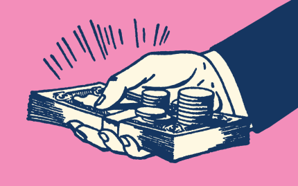 Illustration of a hand holding a stack of money against a pink background