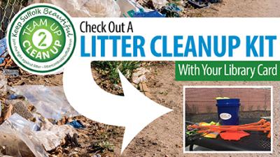 Sign that reads "Check out a litter clean up kit with your library card." There is an image of a bucket with gloves to represent the kit.